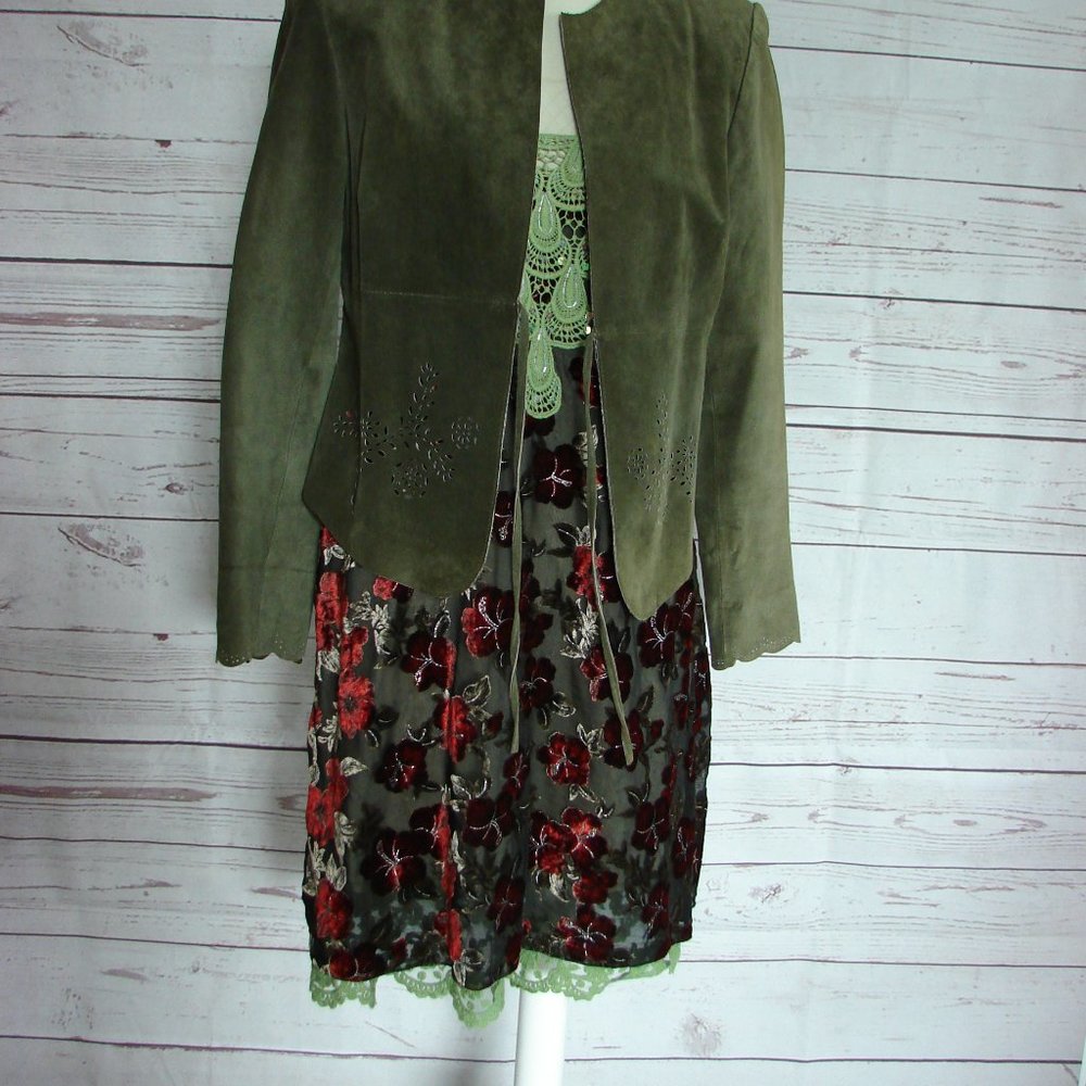 Floral Velvet Burn Out Burgundy Green Lace Dress L - Picture 2 of 16